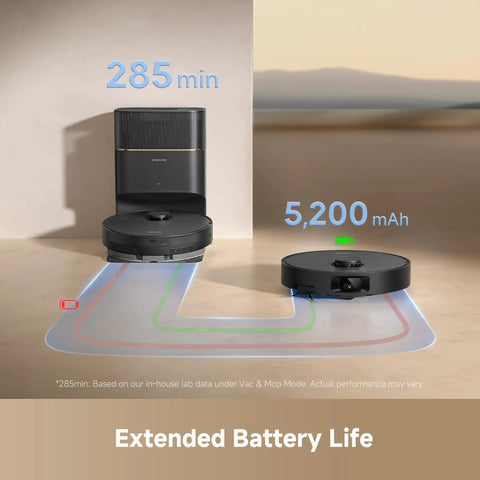 Two black units of Beast Mode Robot Vacuum With 13000Pa Suction, Self Emptying Dust Bin, showing extended battery life and path.
