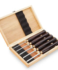 Five Piece HSS Wood Turning Tools Set With Mini Lathe Chisels And Wooden Box For Pen Turning And Small Projects Pre Sharpened And Ready To Use Great For Beginners To Pros in an open wooden case