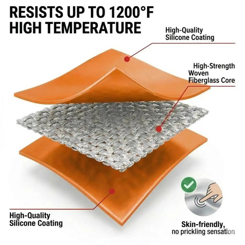 Diagram of fireproof cloak layers showing silicone coating, fiberglass core; resists 1200°F. Fireproof Cloak With Clear Visor 1200°F Heat Resistant Fire Escape Cape For Home Use No Itch Silicone Emergency Blanket Full Body 71x63 Inches Slip On Fire Safety Gear For Family Survival.