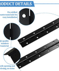 Close-up of 2 piece black stainless steel piano hinges showcasing pre-drilled holes and smooth operation for heavy duty cabinets and RV storage boxes, built tough as nails for DIY projects.