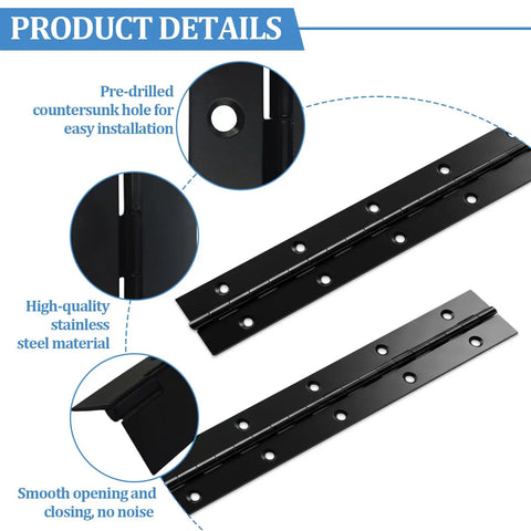 Close-up of 2 piece black stainless steel piano hinges showcasing pre-drilled holes and smooth operation for heavy duty cabinets and RV storage boxes, built tough as nails for DIY projects.