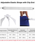 Hidden Tablecloth Clips Set That Stays Put For Outdoor Tablecloths With Adjustable Nylon Straps And Metal Clip Ends shown in use with measurements.