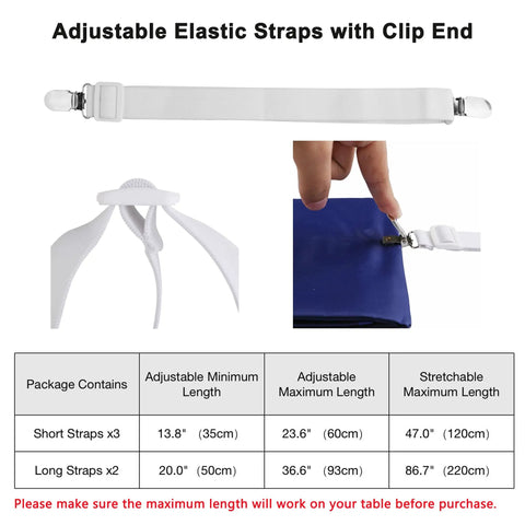 Hidden Tablecloth Clips Set That Stays Put For Outdoor Tablecloths With Adjustable Nylon Straps And Metal Clip Ends shown in use with measurements.