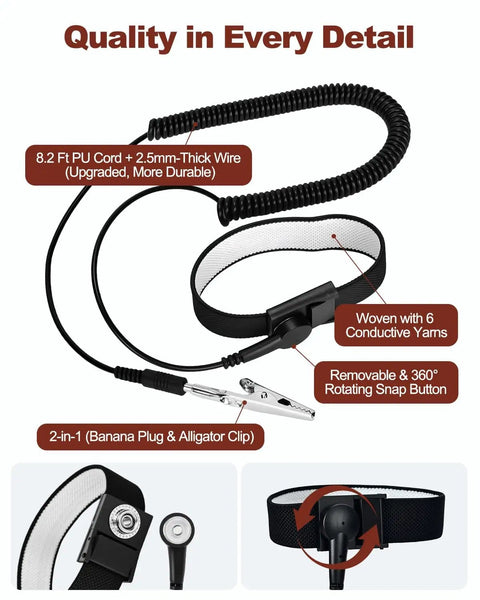 ESD Safe Anti Static Wrist Strap With Adjustable Fit And Alligator Clip, black grounding bracelet with extra long cord, flexible strap design