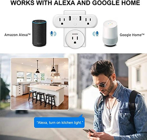 Ditch That Clunky Power Strip With This Absolute Game Changer Smart Outlet Featuring Four Plugs And Three USB Ports For Frictionless App Control Of Lamps Fans And Electronics, showcasing compatibility with Alexa and Google Home.