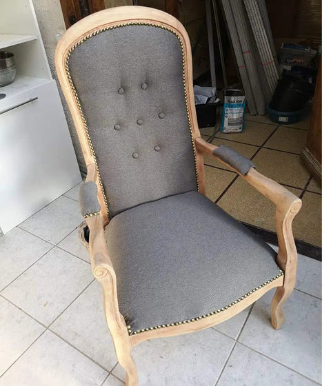 Gray upholstered chair with brass nailhead trim from Brass Nailhead Upholstery Strips Kit For Sofas Headboards And Benches, 9.5mm Brass Tacks