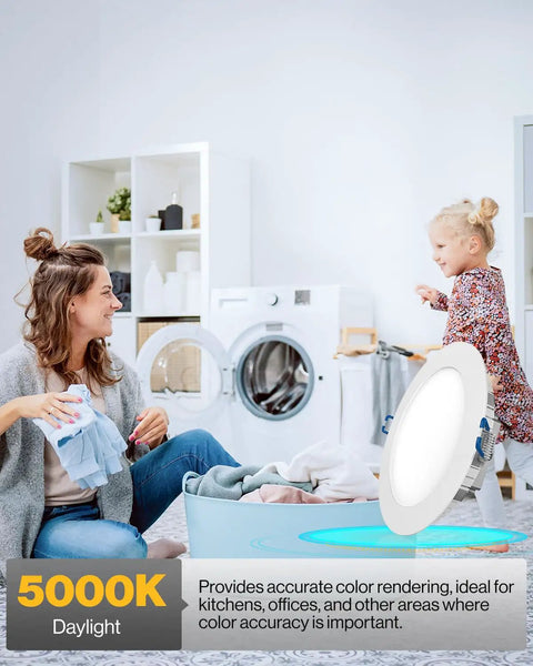 Woman and child in laundry room with Ultra Thin LED Recessed Ceiling Lights Slim Canless With Integrated Junction Box 5000K Daylight