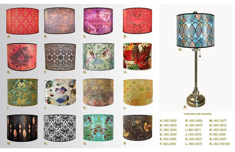 Collage of various drum lamp shades and a lamp with a Made In USA Trendy Handmade Drum Lamp Shade 10 Inch Top 10 Inch Bottom 8 Inch Height With Brass Finish Spider Fitter Rust Resistant Shallow Drum Style For Living Room Lamps Cool Hues.