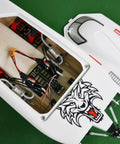 Open interior view of High Performance Fiber Glass RC Boat With Water Cooling Dual Electric Motors Servos And ESCs PNP Without Battery CNC Metal Rudder Fast 65 To 70 KMH Hobby Boat, featuring wiring and tiger design.