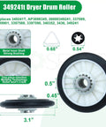 High Performance 4392065 Dryer Repair Kit With 349241T Drum Roller and Belt Assembly Upgraded Metal Bearings for Zero Noise Operation, detailed view of drum roller.