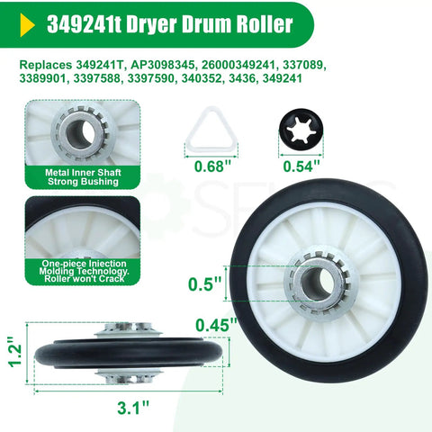 High Performance 4392065 Dryer Repair Kit With 349241T Drum Roller and Belt Assembly Upgraded Metal Bearings for Zero Noise Operation, detailed view of drum roller.
