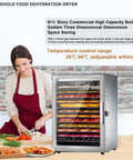 Heavy Duty Stainless Steel Food Dehydrator With 800 Watt Motor And 24 Hour Timer, multi-tiered design with adjustable temp for efficient drying.