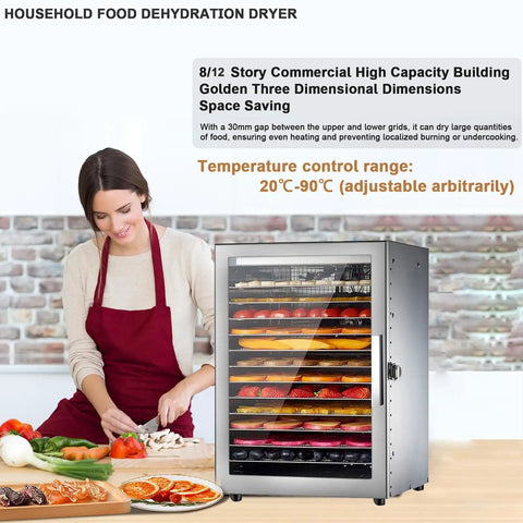 Heavy Duty Stainless Steel Food Dehydrator With 800 Watt Motor And 24 Hour Timer, multi-tiered design with adjustable temp for efficient drying.