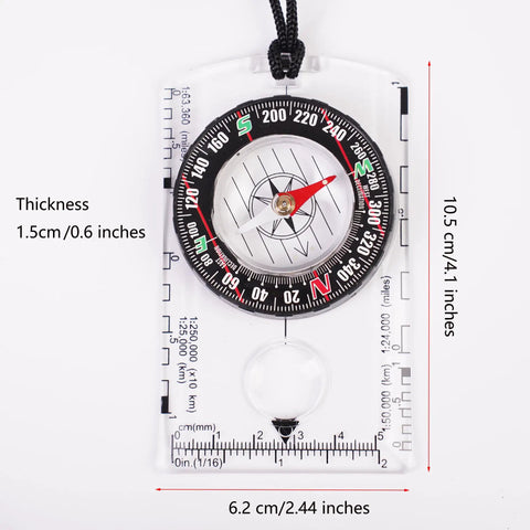 Outdoor Compass Kit With Adjustable Declination, Magnifier, Ruler And Scale; waterproof compass with measurements and lanyard.