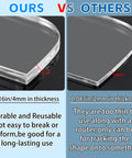 Comparison of two acrylic router templates, one 0.16 in thick labeled 'Ours' and one 0.083 in thick labeled 'Others'.
