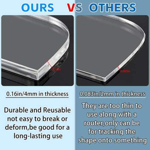 Comparison of two acrylic router templates, one 0.16 in thick labeled 'Ours' and one 0.083 in thick labeled 'Others'.