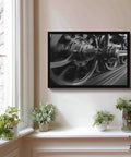 Steam Locomotive Wheels Canvas Poster Wall Art In Black And White, High Resolution Train Print for Living Room, Framed, 24x36 Inches
