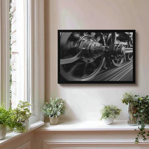 Steam Locomotive Wheels Canvas Poster Wall Art In Black And White, High Resolution Train Print for Living Room, Framed, 24x36 Inches