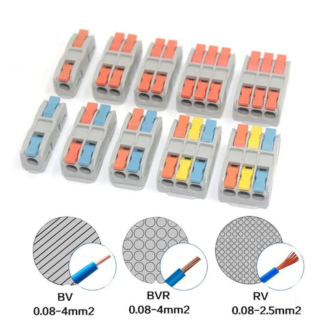 Multi In Out Wire Connector Terminal Block For Fast Tool Free Splicing Of Solid Stranded Copper Cables In Junction Boxes With Flame Retardant Pa66 Housing And Tin Plated Contacts Supporting Up to 32 Amps Perfect For Lighting Projects, wire sizes BV/BVR/RV