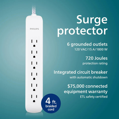 Six Outlet Surge Protector Power Strip With Braided Four Foot Cord, Flat Plug, Wall Mount Design, 720 Joules, ETL Safety Certified, White, Perfect For Home Office, Dorm Rooms, And Tech Setups
