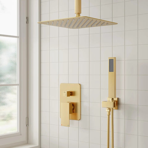 12 Inch Rain Shower Head With Handheld Combo Set, Ceiling Mounted High Pressure Dual Shower System in chrome, installed
