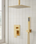 All Metal Brushed Gold Shower Head System With Pressure Balance Valve Kit installed in a tiled bathroom, featuring 10 Inch Rain Head and Handheld Spray, Ceiling Mounted Luxury Bath Faucet Set for Consistent, Powerful Water Flow Even On Low Pressure.