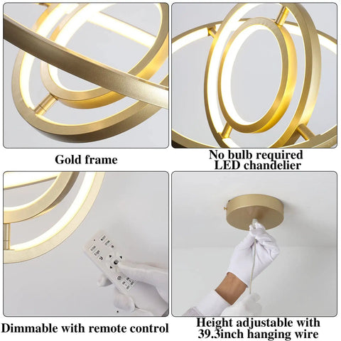 Gold Modern LED Chandelier With Remote Control Dimmable 3000K To 6000K Height Adjustable 39.3 Inch Hanging Light Pendant
