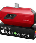 Front view of TC002C Duo Thermal Camera with USB-C for iPhone iPad and Android devices, red casing, on display stand.