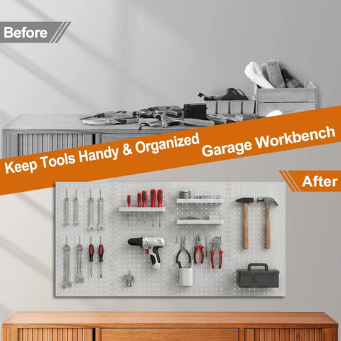 Before and after image showing Built Tough As Nails Eight Piece Steel Pegboard Panels 16 By 12 Inch for tool organization.