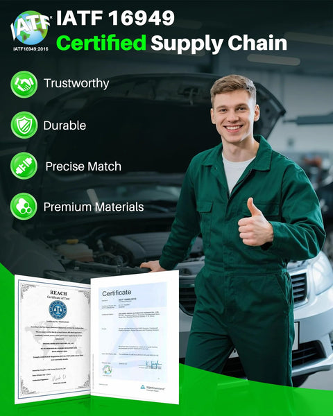 Carbhub ABS wheel speed sensor four-piece set banner with a mechanic in green coveralls beside a car in a workshop