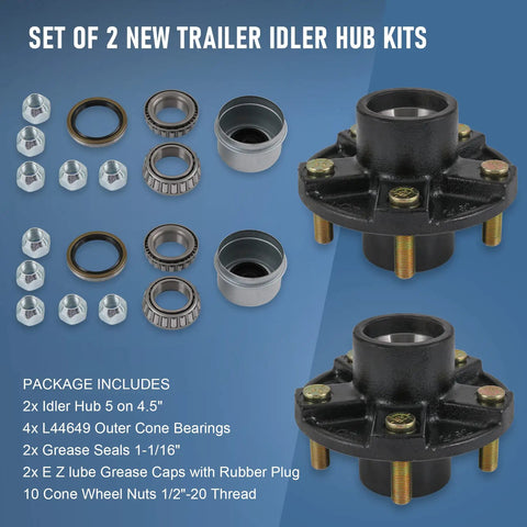 Trailer Idler Hub Kit Set For 5 On 4.5 Inch Axles 2000 Lb Capacity 1-1/16 Inch Straight Spindle Includes Outer Cone Bearings