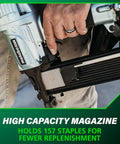 Person operating Half Inch Crown Stapler For Insulation Sheathing And Subfloor Install 16 Gauge Nailer Accepts 3/4 to 2 Inch Staples