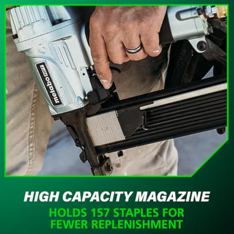 Person operating Half Inch Crown Stapler For Insulation Sheathing And Subfloor Install 16 Gauge Nailer Accepts 3/4 to 2 Inch Staples