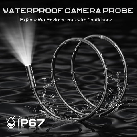 Pro Borescope Camera With Light, 16.4FT semi-rigid cable, IP67 waterproof probe emitting spray in wet environment