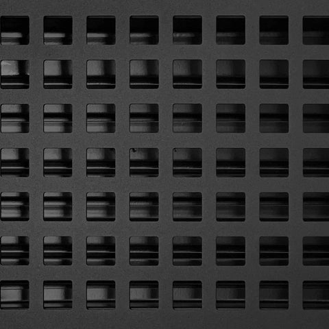 Close-up of Slick Contemporary Artisan Style Vent Cover With Solid Cast Steel Interior And Adjustable Dampers, Matte Black finish.