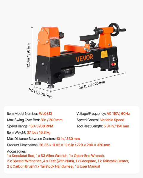 VEVOR Mini Benchtop Wood Lathe, 1/3 HP 8 X 13 Inch, Variable Speed 150 To 3200 RPM with tool rest for DIY projects.