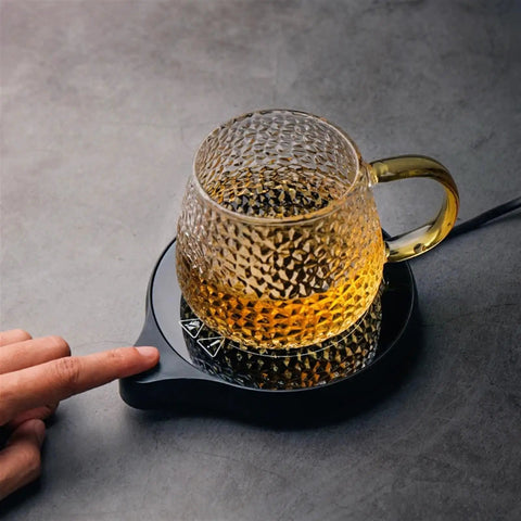 Solid Pick Mug Warmer And 200W Cup Heater That Keeps Your Daily Grind Steaming Hot Up To 100C With Five Precise Temperature Levels Plus Non Slip Base For Desk, glass mug on heater.