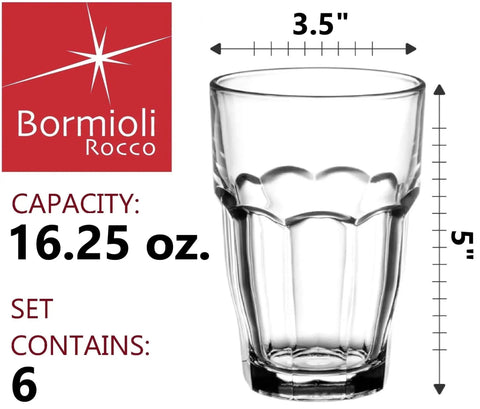Rock Bar 16.25 Oz Cooler Glass Set Stackable Tempered Glasses For Ice Cold Drinks Water And Cocktails Perfect For Parties Or Home Bars Set Of 6 Clear Durable Dishwasher Safe Easy To Grab And Stack with capacity measurements.
