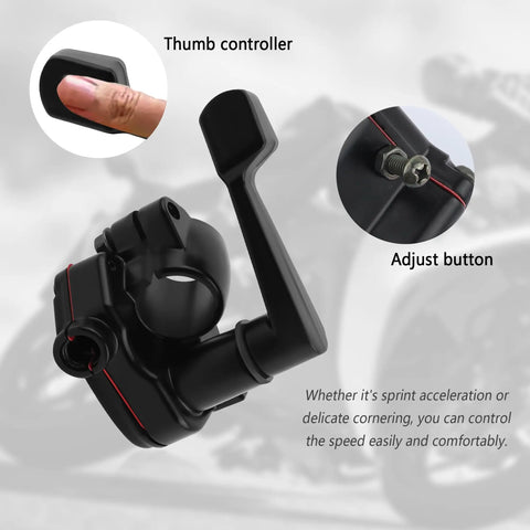 Seven Eighths Inch Thumb Throttle Kit With Throttle Cable for Aluminum Motorcycle and Mini Bike, showing thumb controller and adjust button.