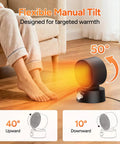 Compact 600W Desk Heater With Ceramic Core, Fast Heat for Office or Bedroom, showing manual tilt and targeted warmth on feet.