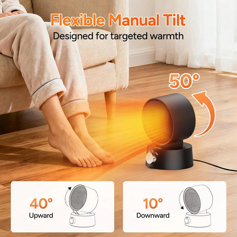 Compact 600W Desk Heater With Ceramic Core, Fast Heat for Office or Bedroom, showing manual tilt and targeted warmth on feet.