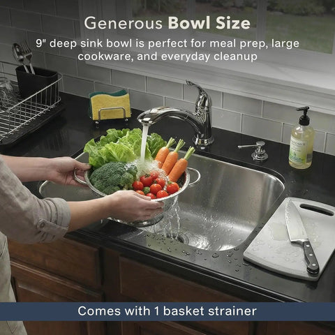 Medallion 23 Inch Classic Series Undermount Stainless Steel Single Bowl Kitchen Sink Built To Last With Cabinet Compatibility And Included Strainer shown with fresh vegetables being washed.