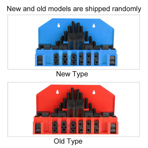 58 Piece T Slot Clamping Kit With Welding Table Clamps And Hardened Drill Press Squares displayed in blue and red models.