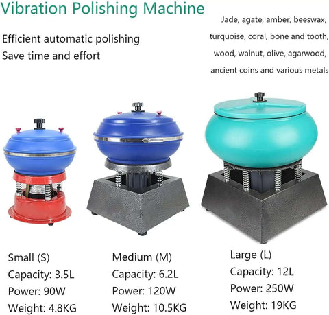 Three vibratory tumbler machines for jewelry polishing and metal parts, including a 3.5L Beefy Vibratory Tumbler Machine.