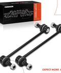 Front Sway Bar Link Set for Hyundai Elantra 2007 2012 and Kia Forte Forte Koup Forte5 Rondo Magentis Optima 2006 2011 2 Pack Replacement Stabilizer Bar Links for a Tighter Smoother Ride and Confident Handling, two links displayed in front of packaging.