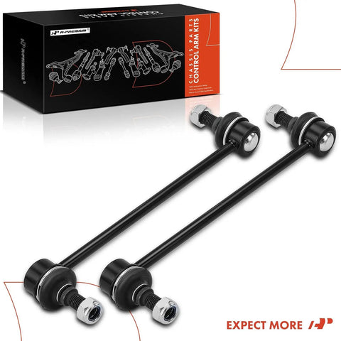 Front Sway Bar Link Set for Hyundai Elantra 2007 2012 and Kia Forte Forte Koup Forte5 Rondo Magentis Optima 2006 2011 2 Pack Replacement Stabilizer Bar Links for a Tighter Smoother Ride and Confident Handling, two links displayed in front of packaging.