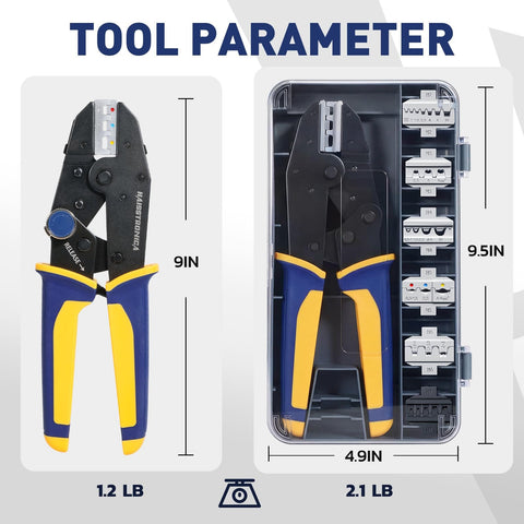 7 Piece Beefed-Up Pro Grade Quick Change Crimping Tool Set with Ratcheting Wire Crimper and 7 Die Sets in case, dimensions shown