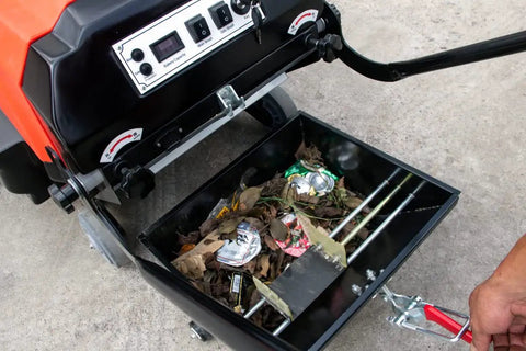 Top Shelf Electric Floor Sweeper Workhorse With A Spacious 41 Inch Sweep Path and Smart Three Brush Setup for swift dust pickup collection bin with debris.