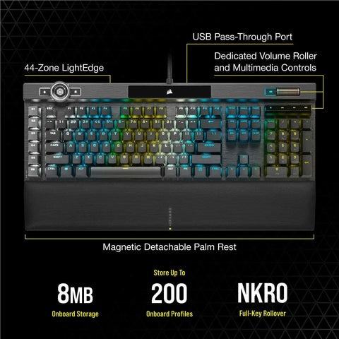 Ultimate Optical Mechanical Gaming Keyboard Blazing Fast OPX Switches with USB passthrough and RGB lighting on black chassis.