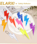 Thunder Shaped Safety Reflector Pendant Keychain Set With Chain, 40 Pieces, colorful reflective PVC tags on display